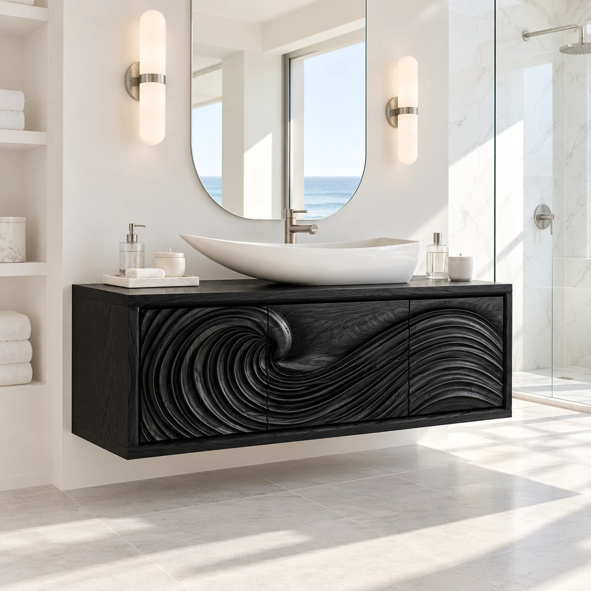 Artistic bathroom vanity in natural solid wood with three textured cabinet door panels