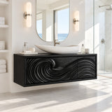 Artistic bathroom vanity in natural solid wood with three textured cabinet door panels