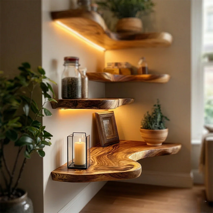 Contemporary floating corner shelves showcasing organic slab edges and warm oak tone finish