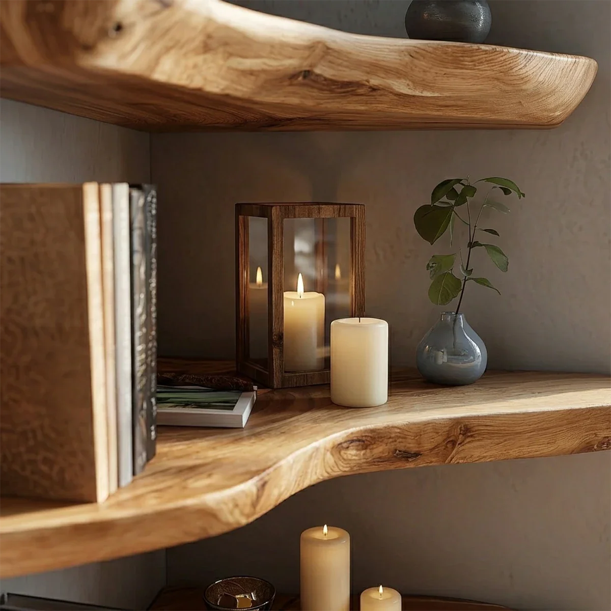Contemporary floating corner shelves showcasing handcrafted slab detail and warm oak tone finish