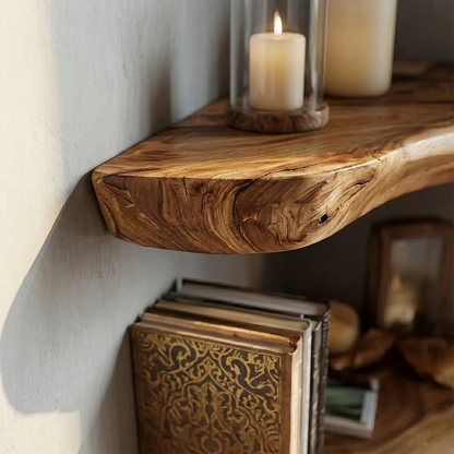 Minimalist corner shelving unit featuring natural slab contours and smooth oak tone finish