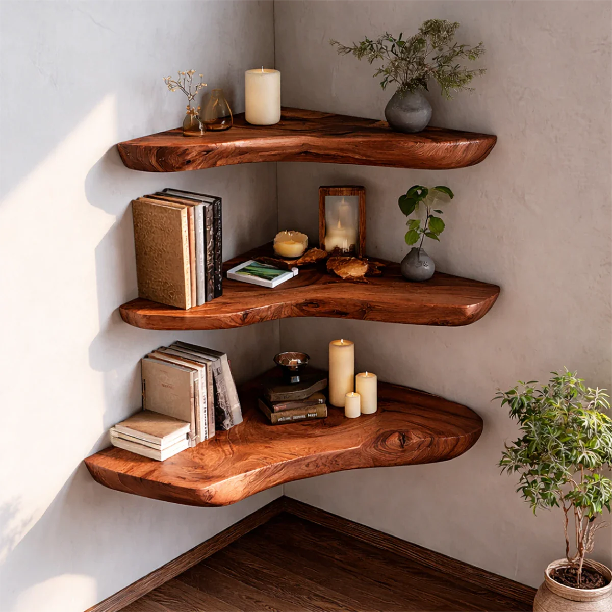 Decorative wall corner shelves designed with sculpted slab edges and polished brown tone finish