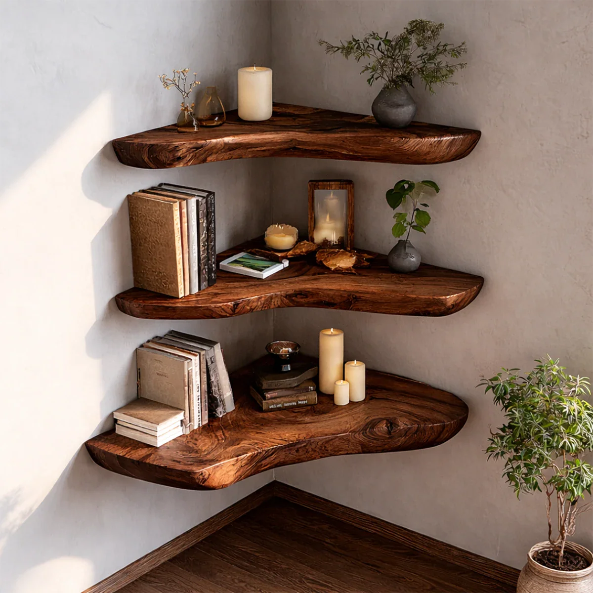 Functional floating corner shelves showcasing organic slab character and refined walnut tone finish