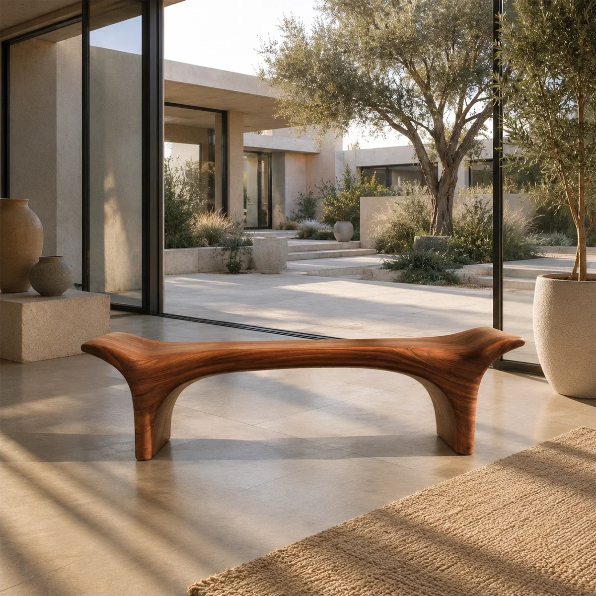 Sculptural bench with flowing solid wood form and arched base for refined modern interiors