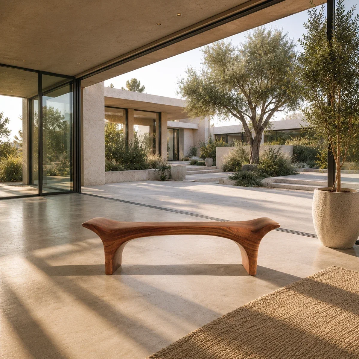 Modern wood bench with sweeping curves and smooth solid wood profile for elegant entryways