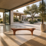Modern wood bench with sweeping curves and smooth solid wood profile for elegant entryways