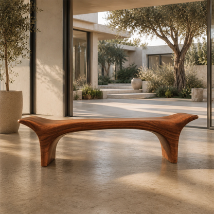 Entryway bench with sculpted arch support and warm natural finish for contemporary homes