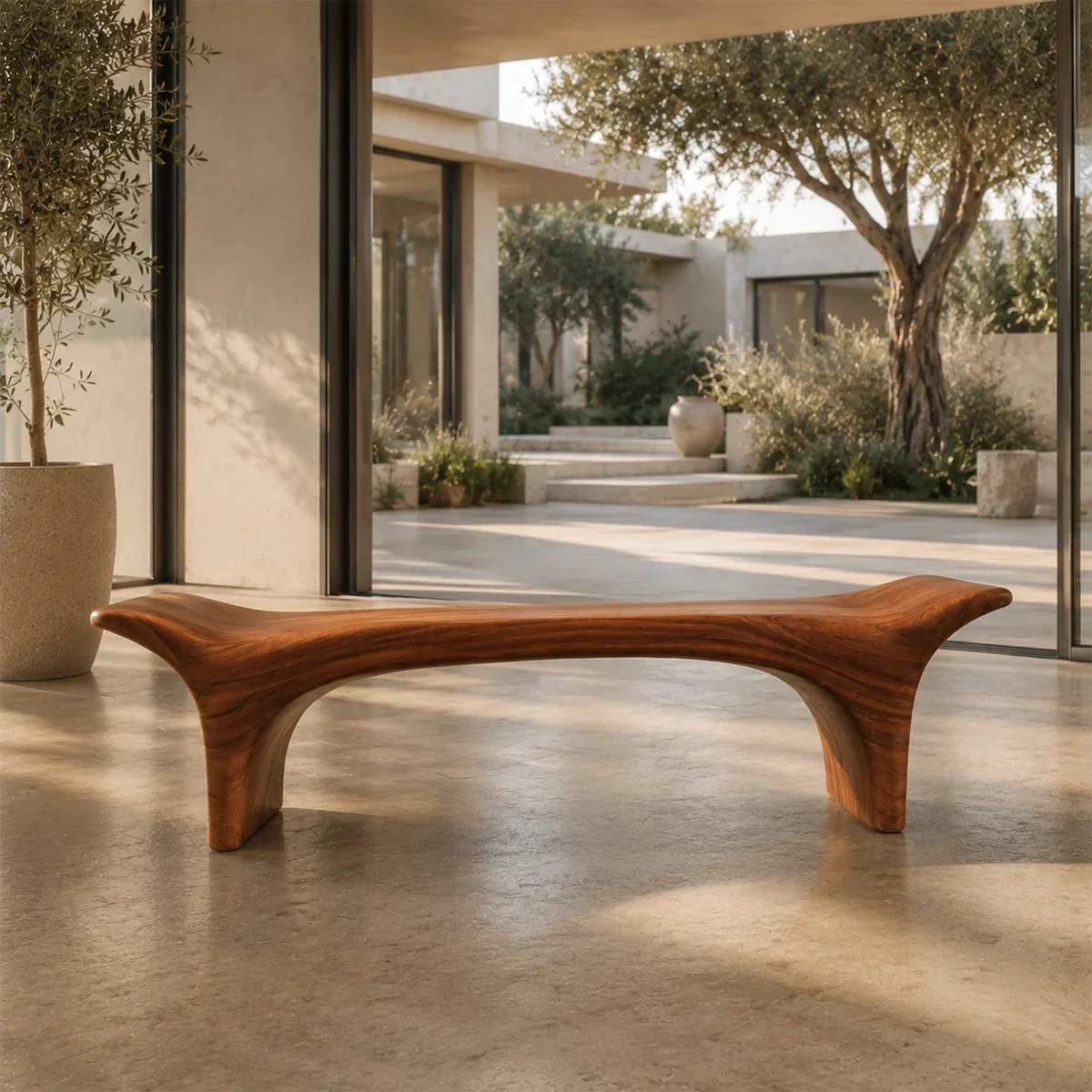 Entryway bench with sculpted arch support and warm natural finish for contemporary homes