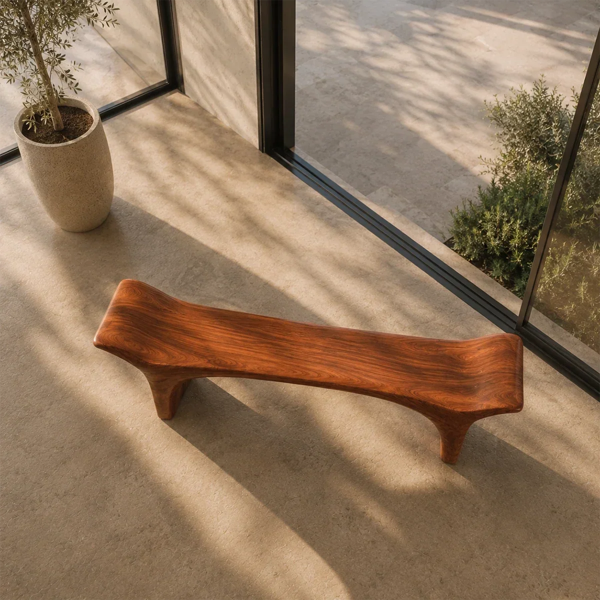 Minimalist bench with graceful curves and handcrafted solid wood form for serene interiors