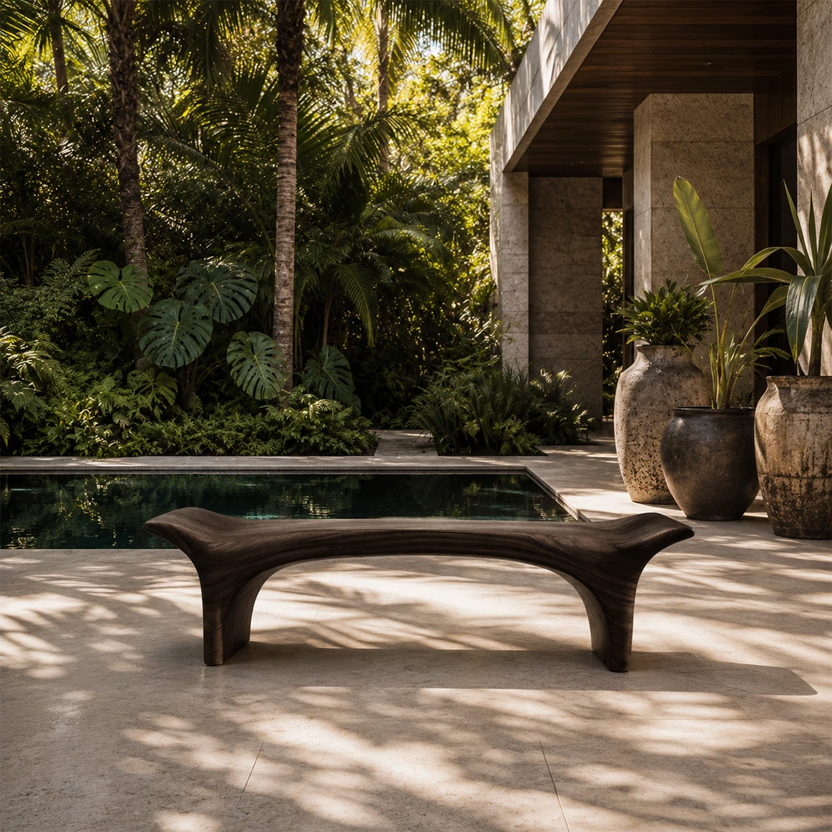 Hallway bench with organic contours and tapered supports for a polished modern home setting