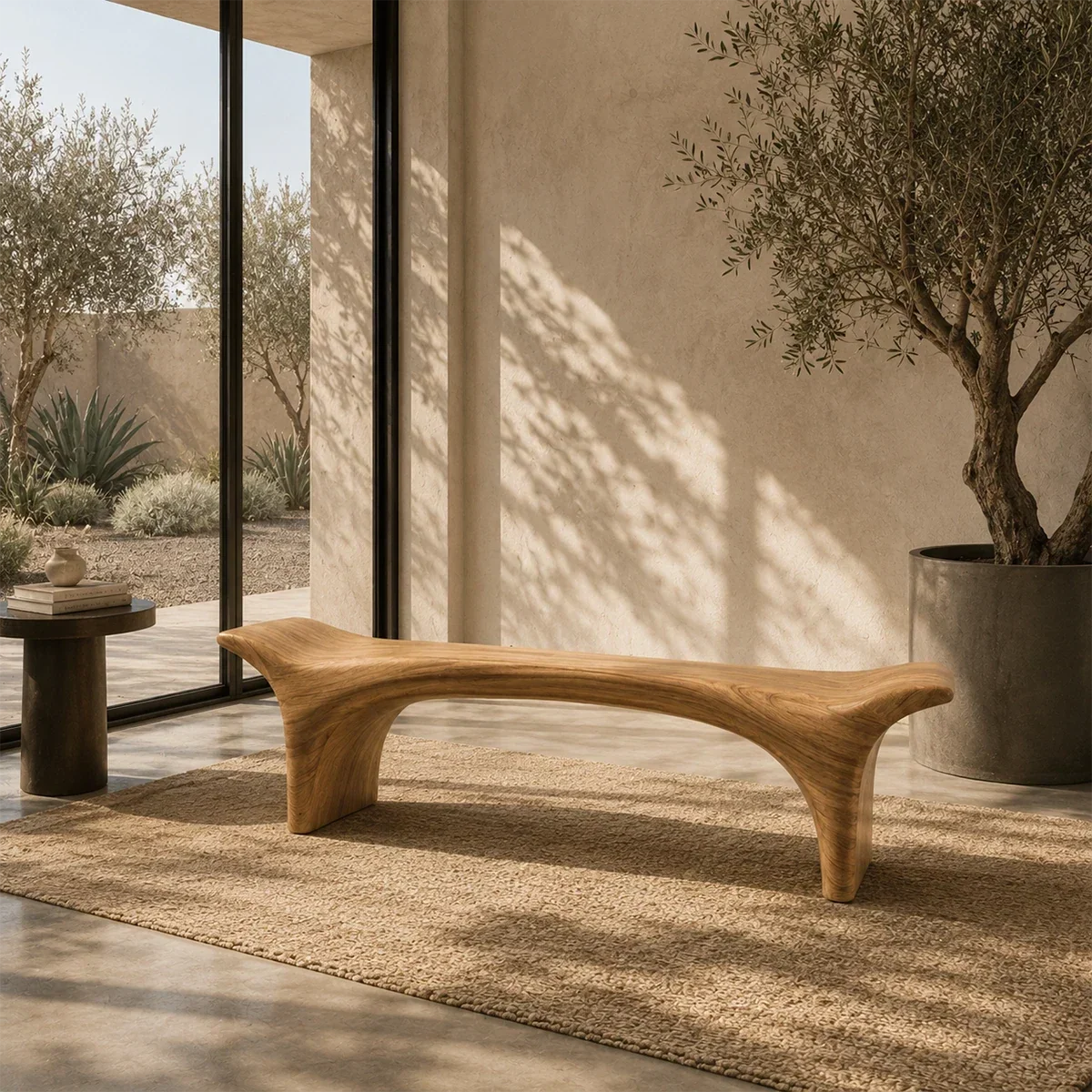 Statement bench with dramatic arched base and smooth solid wood form for upscale interiors