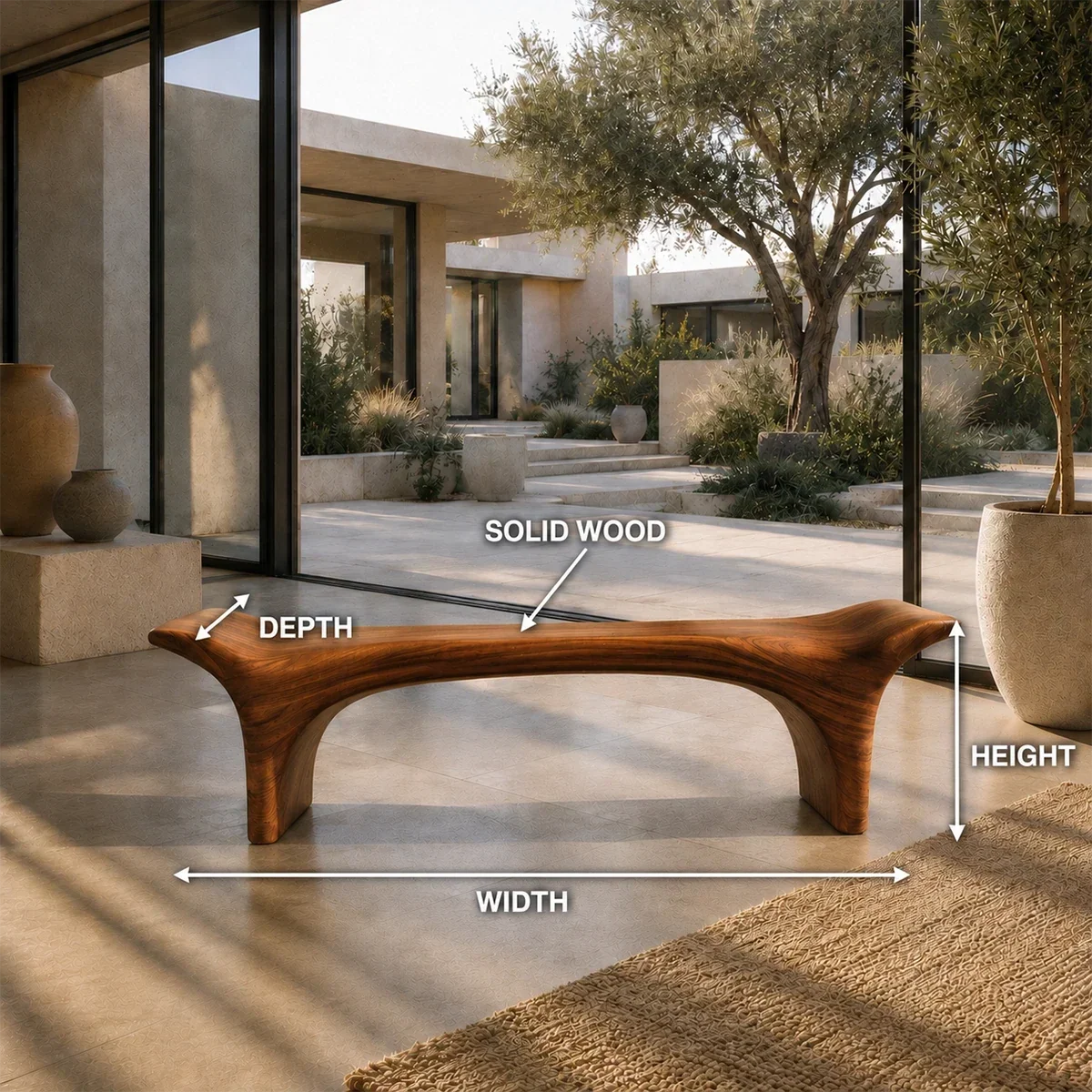 Handcrafted bench with sculpted curves and open arch base for warm architectural interiors