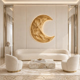 Crescent moon wall art in Natural Solid Wood creates a serene focal point indoors