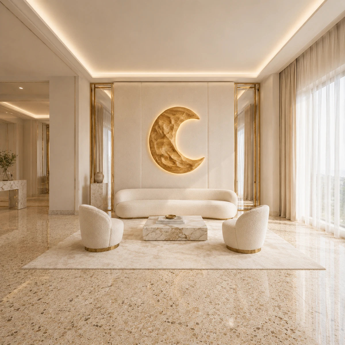 Modern moon wall decor in Natural Solid Wood adds warmth to a bright luxury lounge
