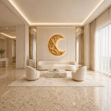 Modern moon wall decor in Natural Solid Wood adds warmth to a bright luxury lounge