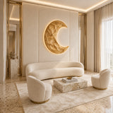 Carved crescent wall sculpture in Natural Solid Wood elevates a refined sitting room