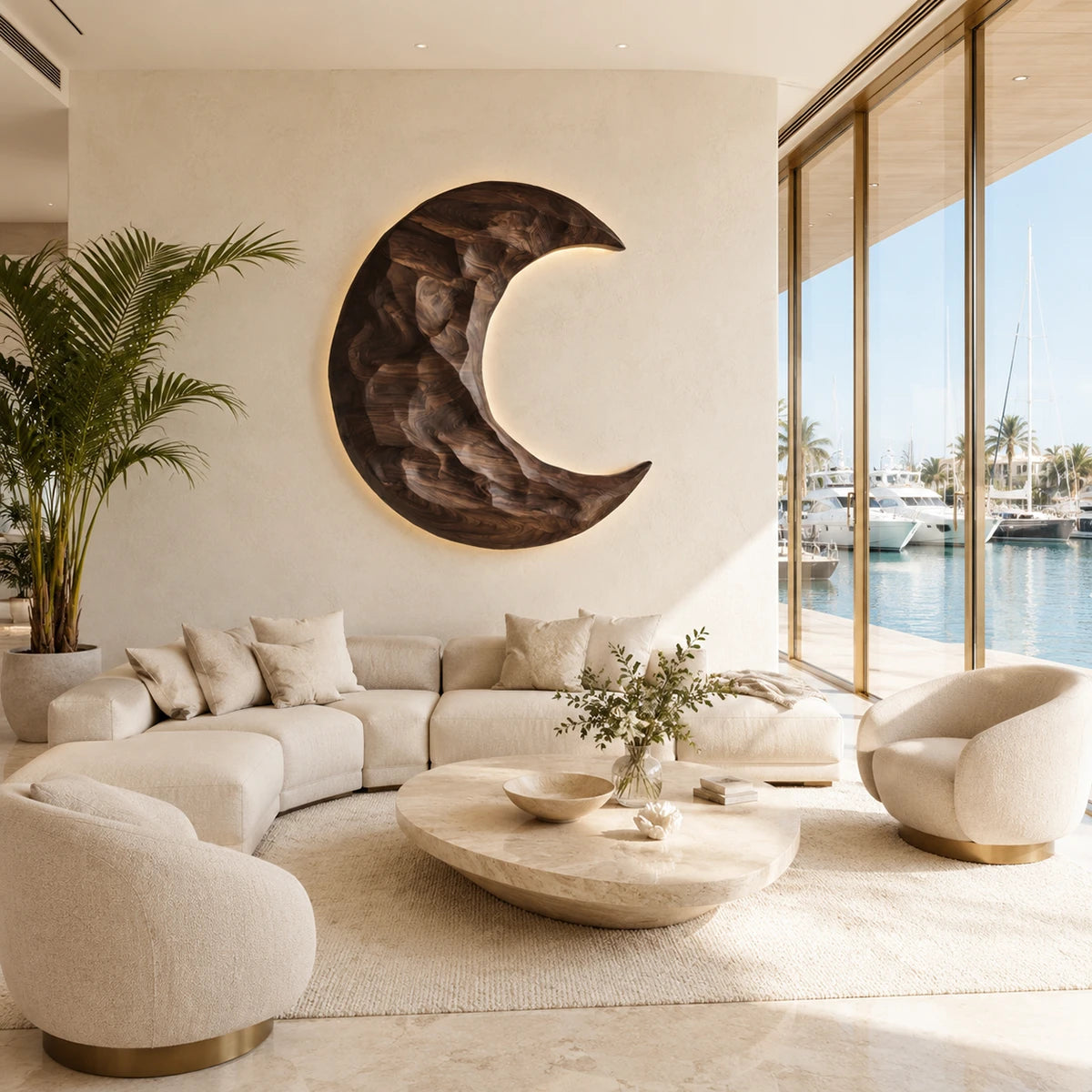Minimalist wall hanging in Natural Solid Wood adds sculptural charm above the sofa