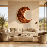 Statement moon wall sculpture in Natural Solid Wood enhances a polished living space