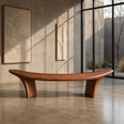 Sculptural bench with sweeping curved seat and solid wood frame for modern interiors