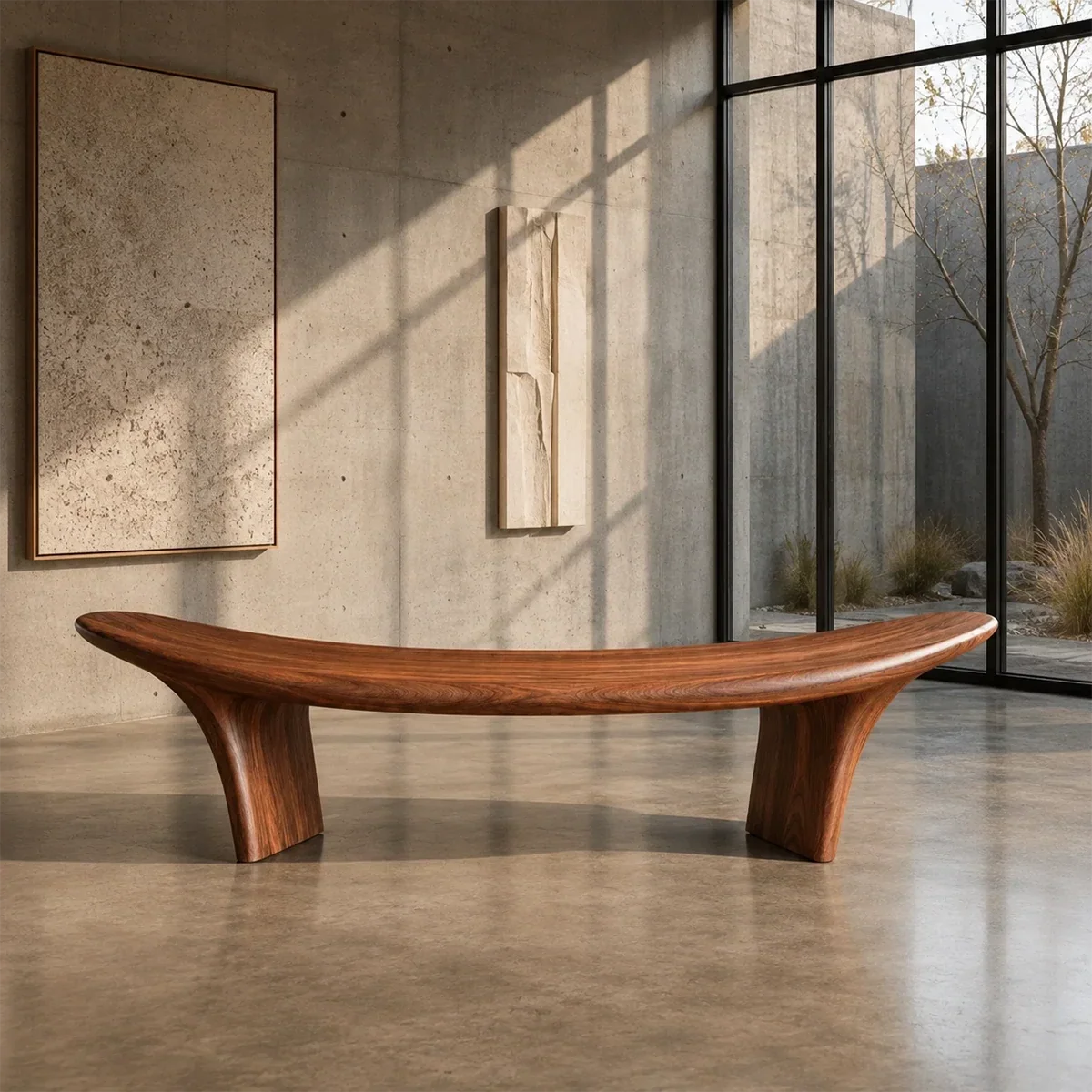 Sculptural bench with sweeping curved seat and solid wood frame for modern interiors