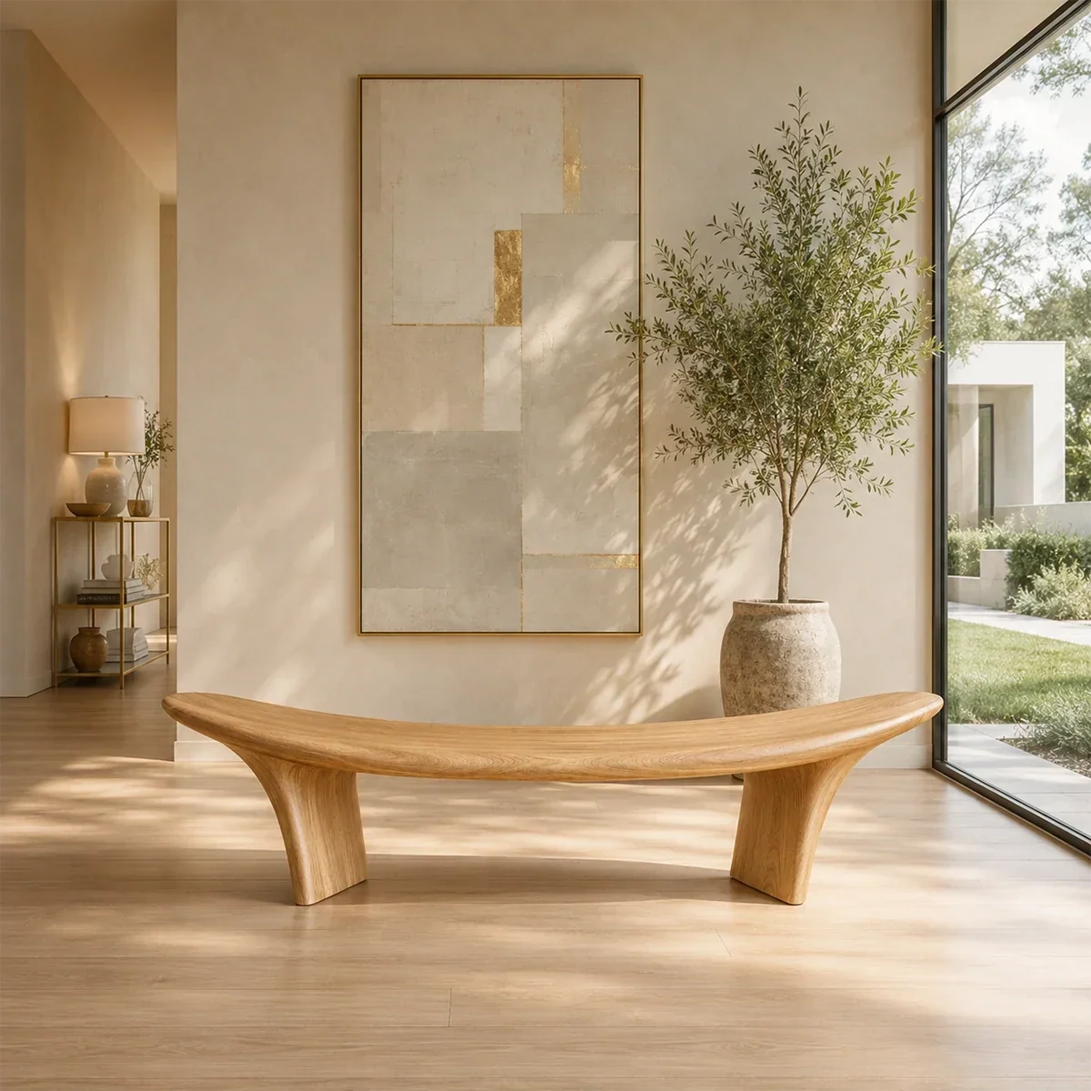Statement bench with dramatic raised ends and solid wood form for architectural spaces