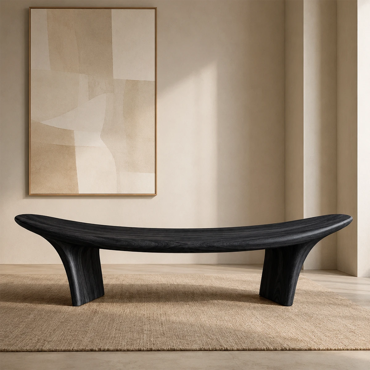 Contemporary bench with fluid seat contour and sculptural wood supports for modern rooms