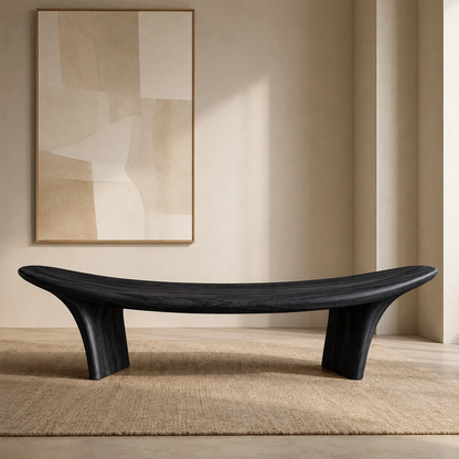 Contemporary bench with fluid seat contour and sculptural wood supports for modern rooms
