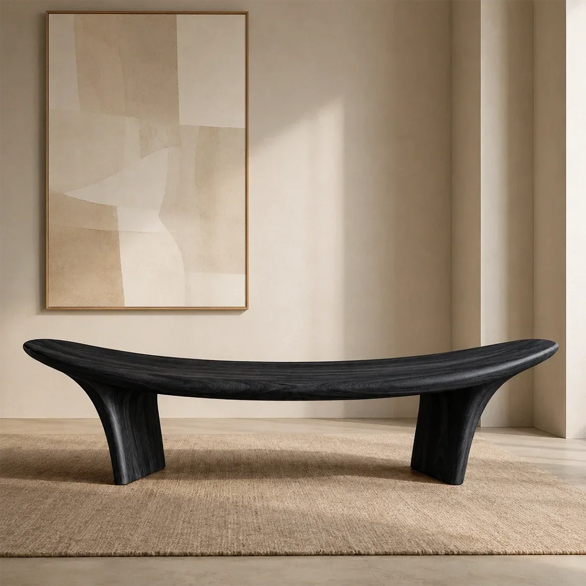 Contemporary bench with fluid seat contour and sculptural wood supports for modern rooms