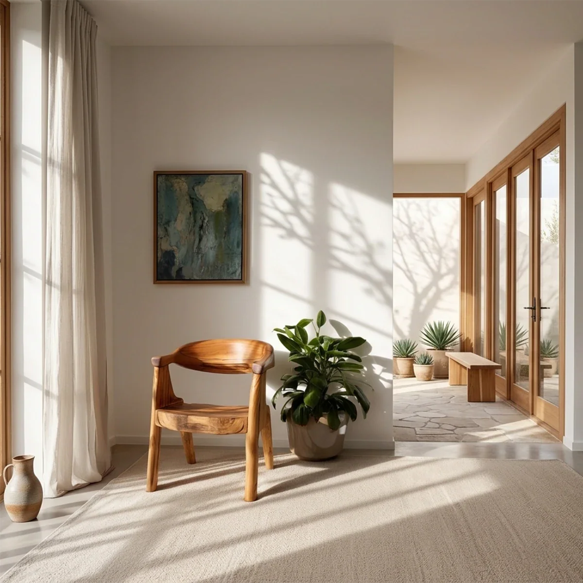 Placed beside a plant, this contemporary dining chair shows smooth curves and natural warmth