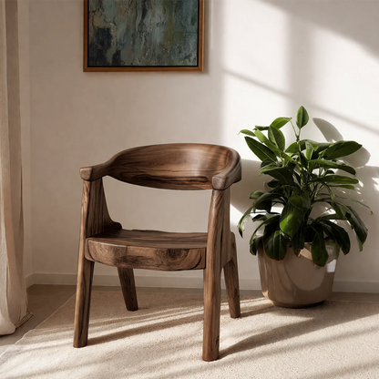 Curved back wooden chair with armrests brings balance and warmth to contemporary interiors