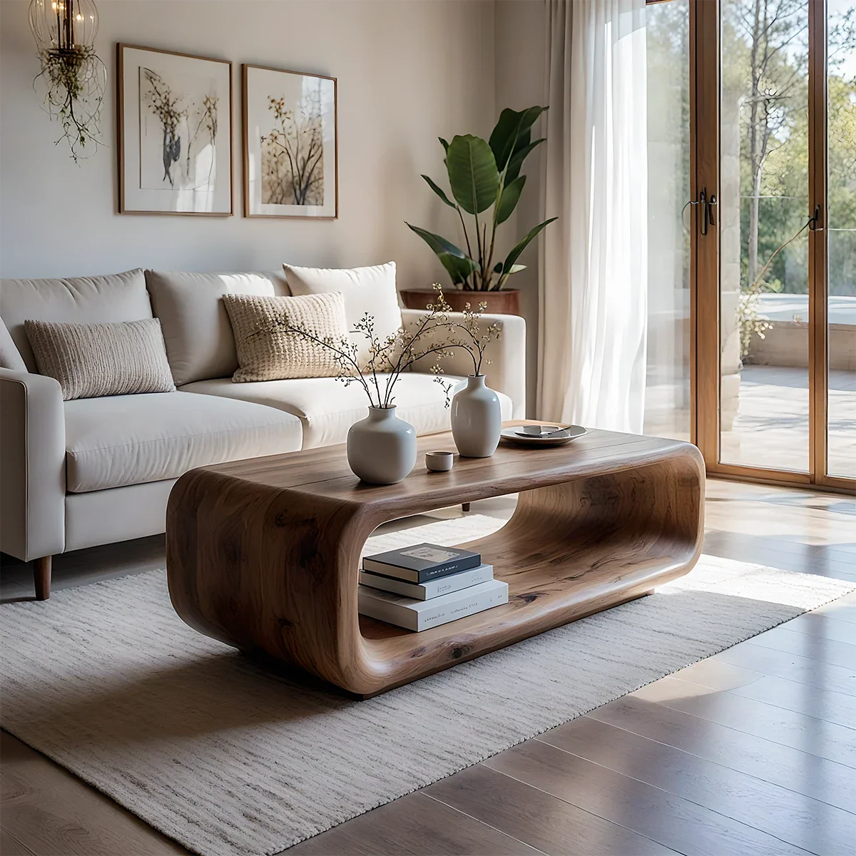 Curved Coffee Table with Storage – Solid Wood Modern Design - ArborisWood