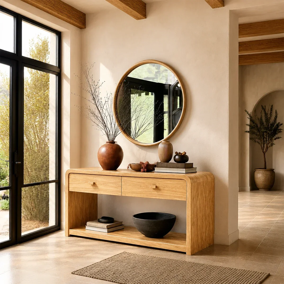 Curved Edge Natural Solid Wood Console Table With Drawers and Shelf - Arboriswood - 7