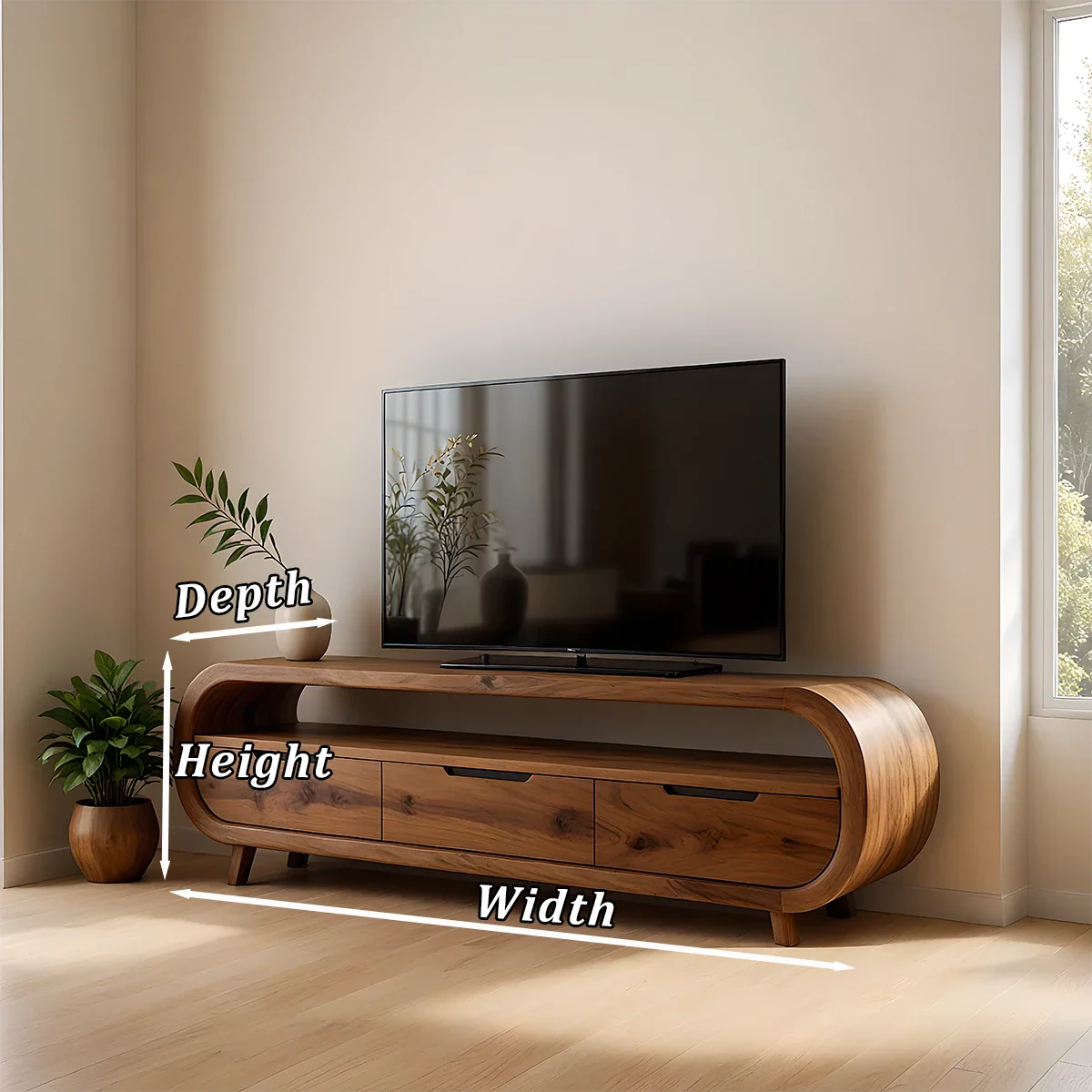 Curved Edge TV Stand Solid Wood Media Console Low Profile Storage - ArborisWood - 11