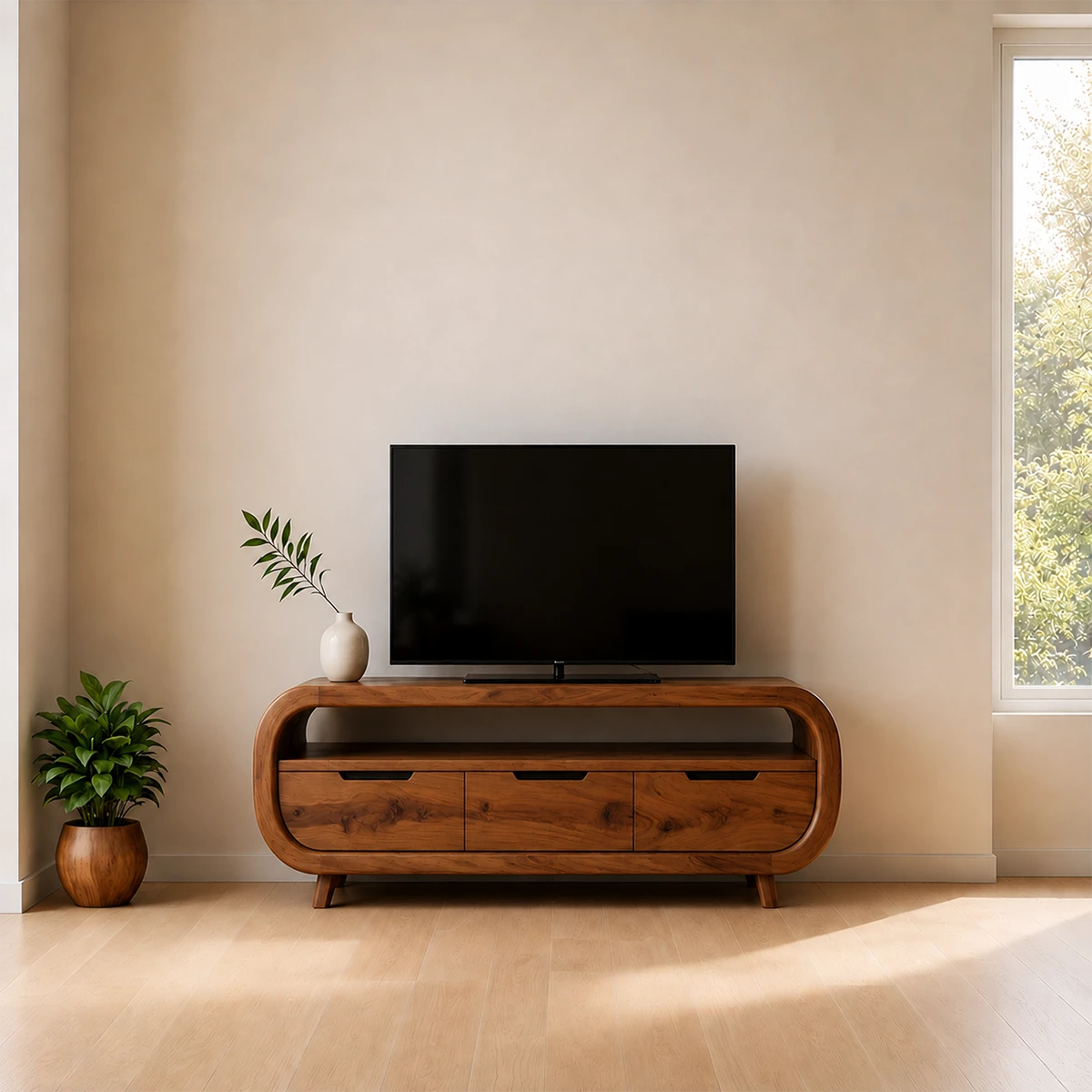 Curved Edge TV Stand Solid Wood Media Console Low Profile Storage - ArborisWood - 12