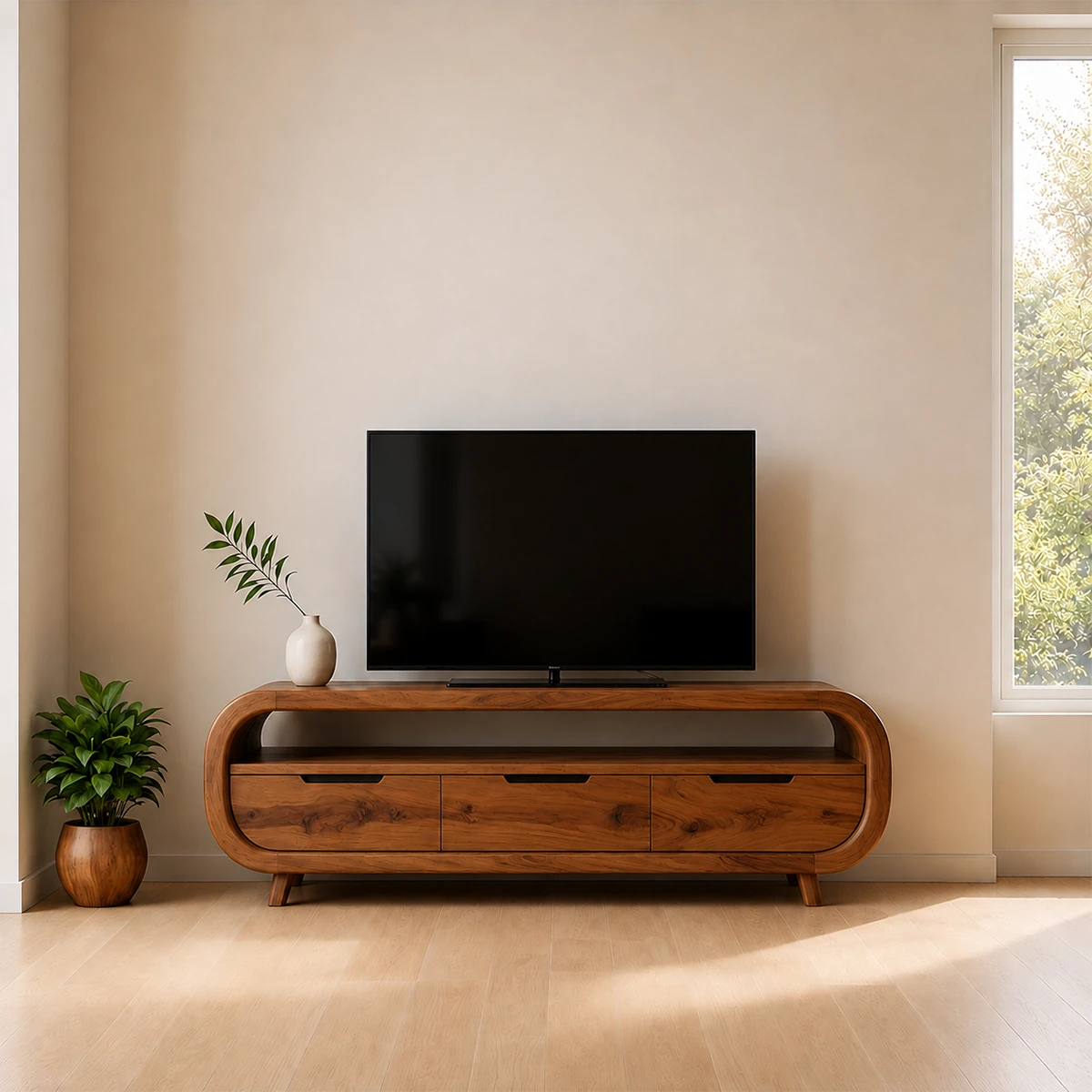 Curved Edge TV Stand Solid Wood Media Console Low Profile Storage - ArborisWood - 13