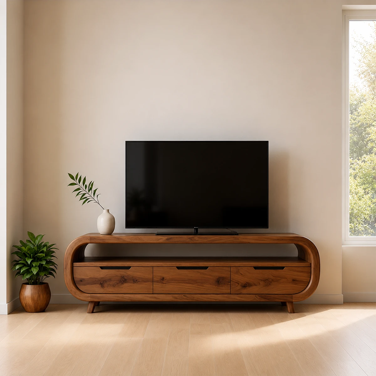 Curved Edge TV Stand Solid Wood Media Console Low Profile Storage - ArborisWood - 14