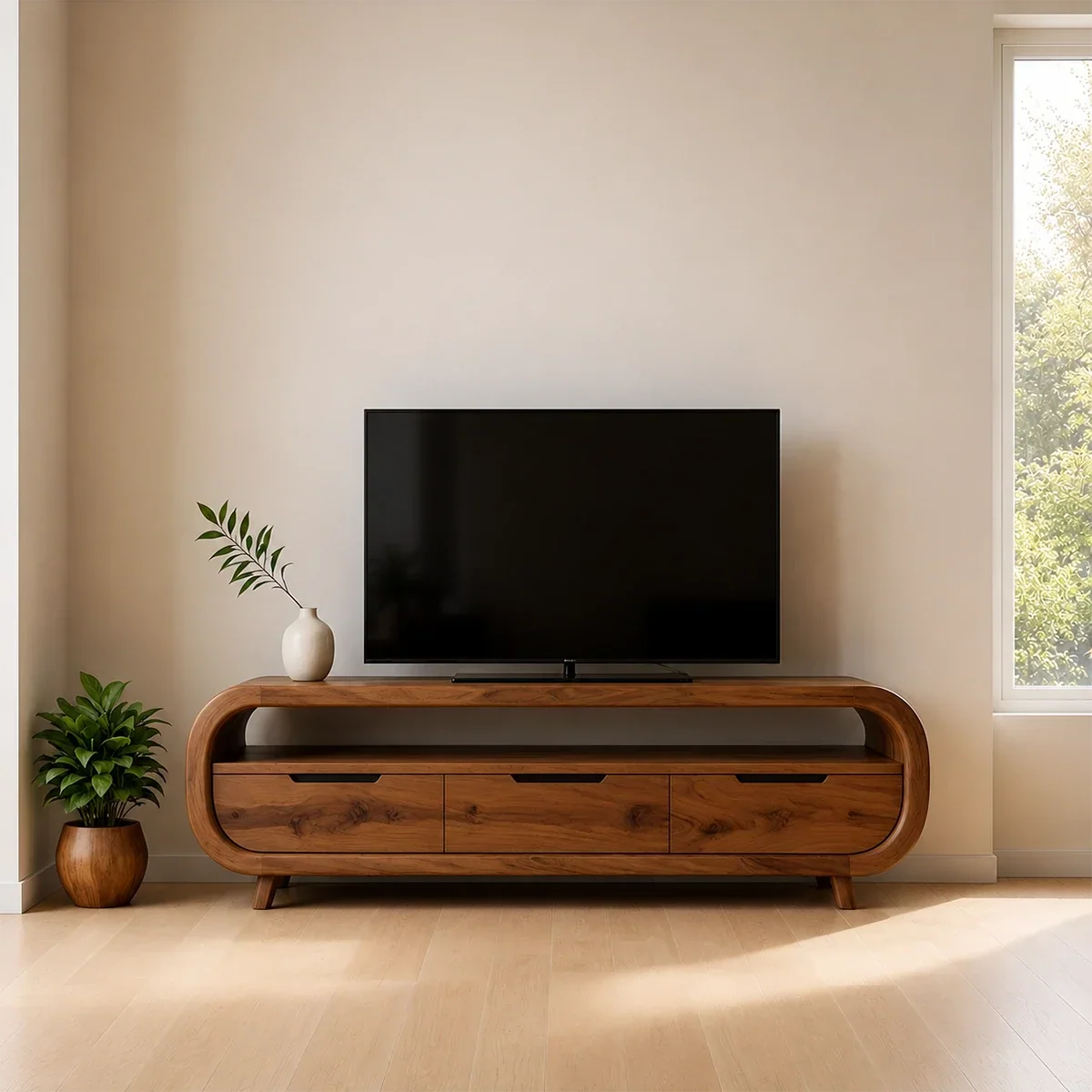 Curved Edge TV Stand Solid Wood Media Console Low Profile Storage - Arboriswood - 14