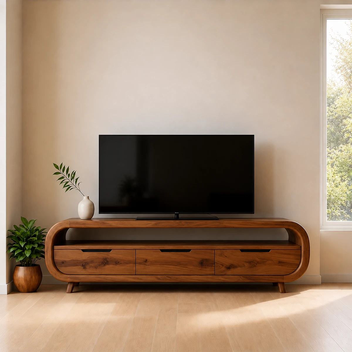 Curved Edge TV Stand Solid Wood Media Console Low Profile Storage - ArborisWood - 15