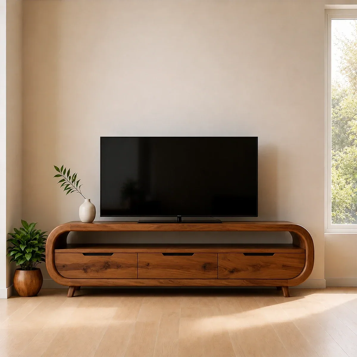 Curved Edge TV Stand Solid Wood Media Console Low Profile Storage - Arboriswood - 15