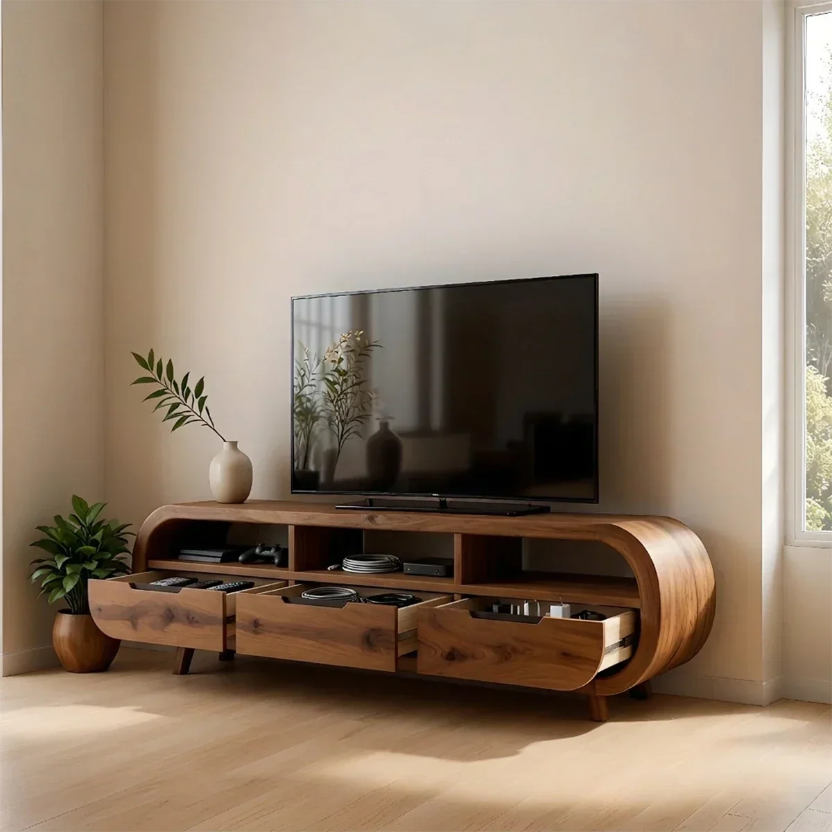 Curved Edge TV Stand Solid Wood Media Console Low Profile Storage - Arboriswood - 6