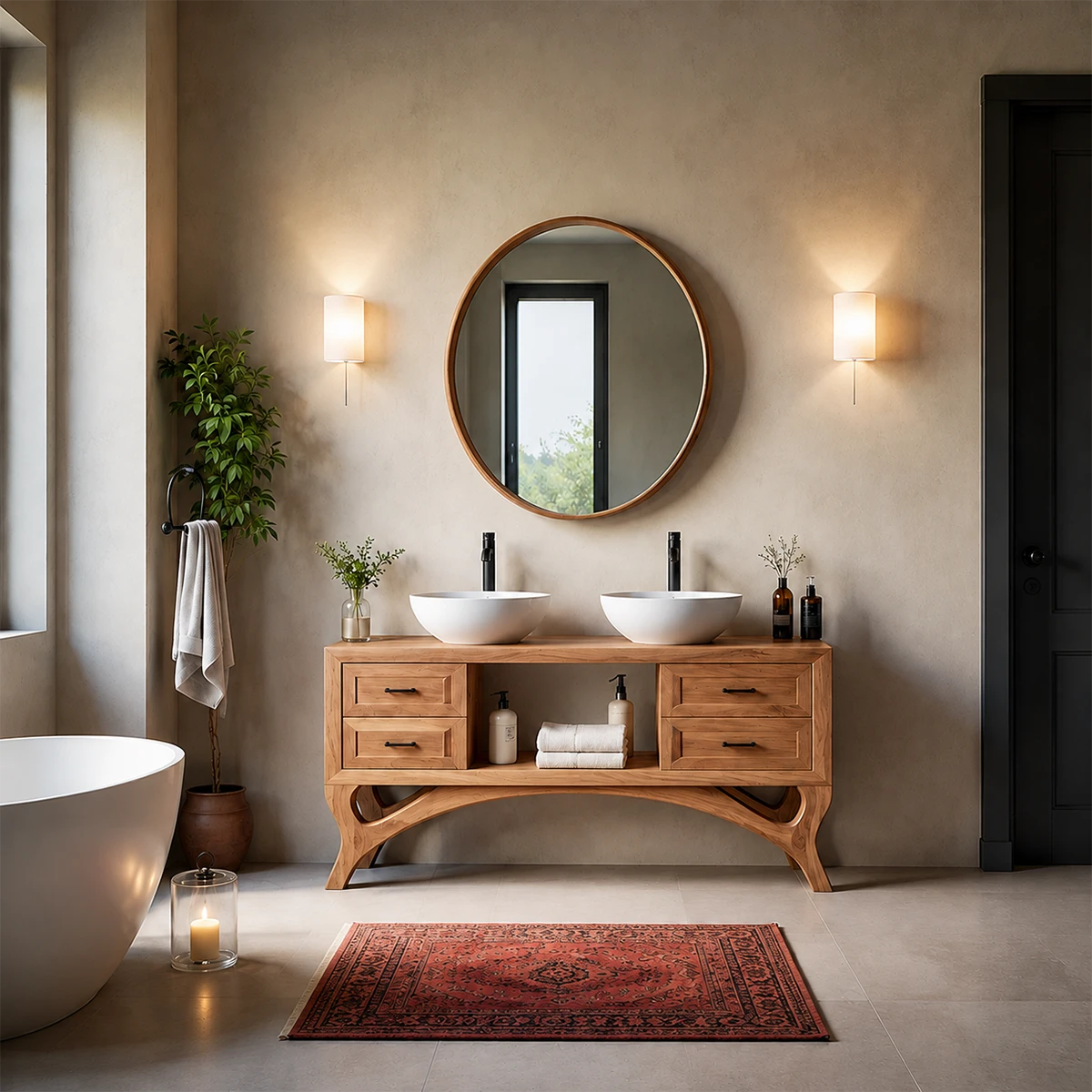 Curved Leg Double Sink Bathroom Vanity Natural Solid Wood Modern - ArborisWood - 13