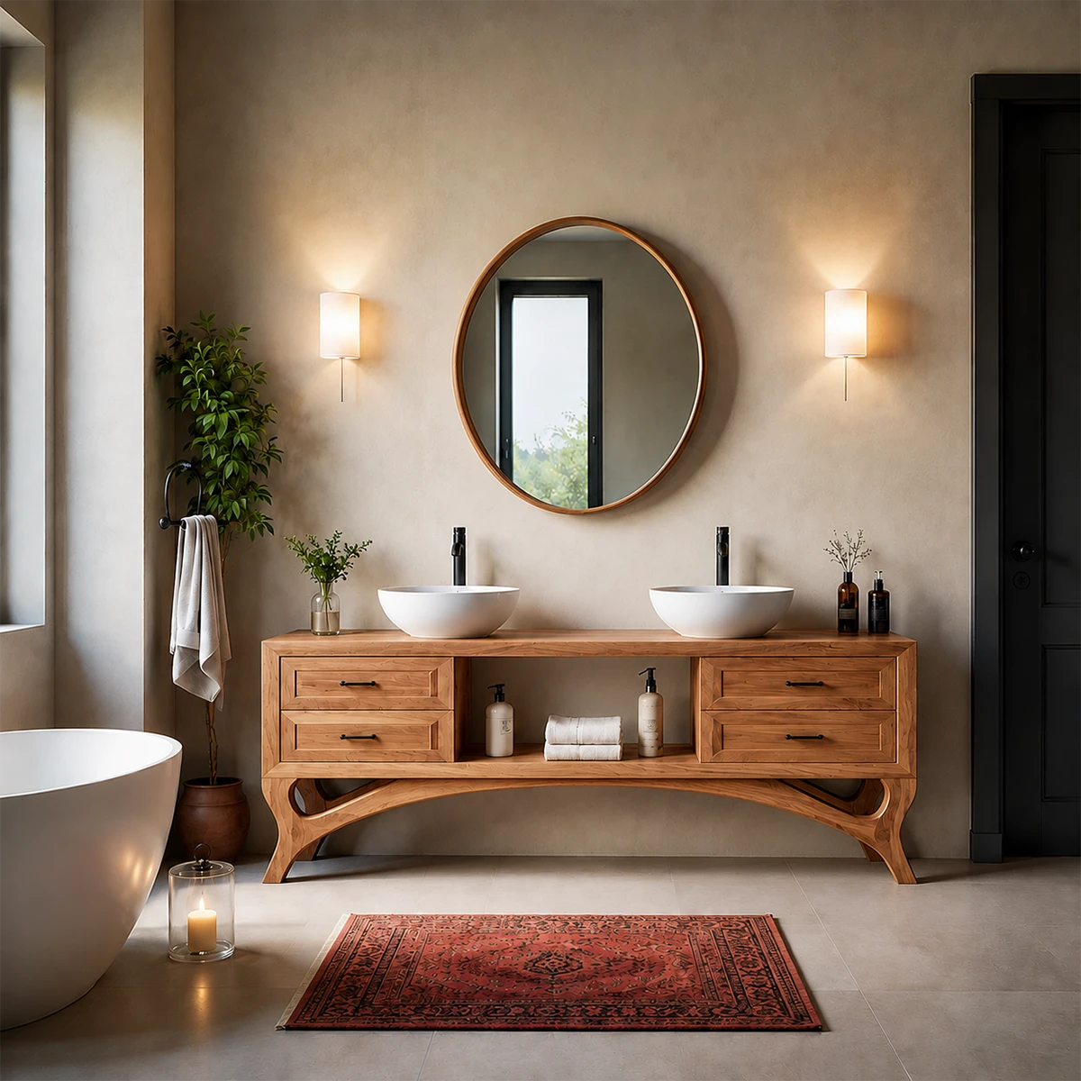 Curved Leg Double Sink Bathroom Vanity Natural Solid Wood Modern - ArborisWood - 14