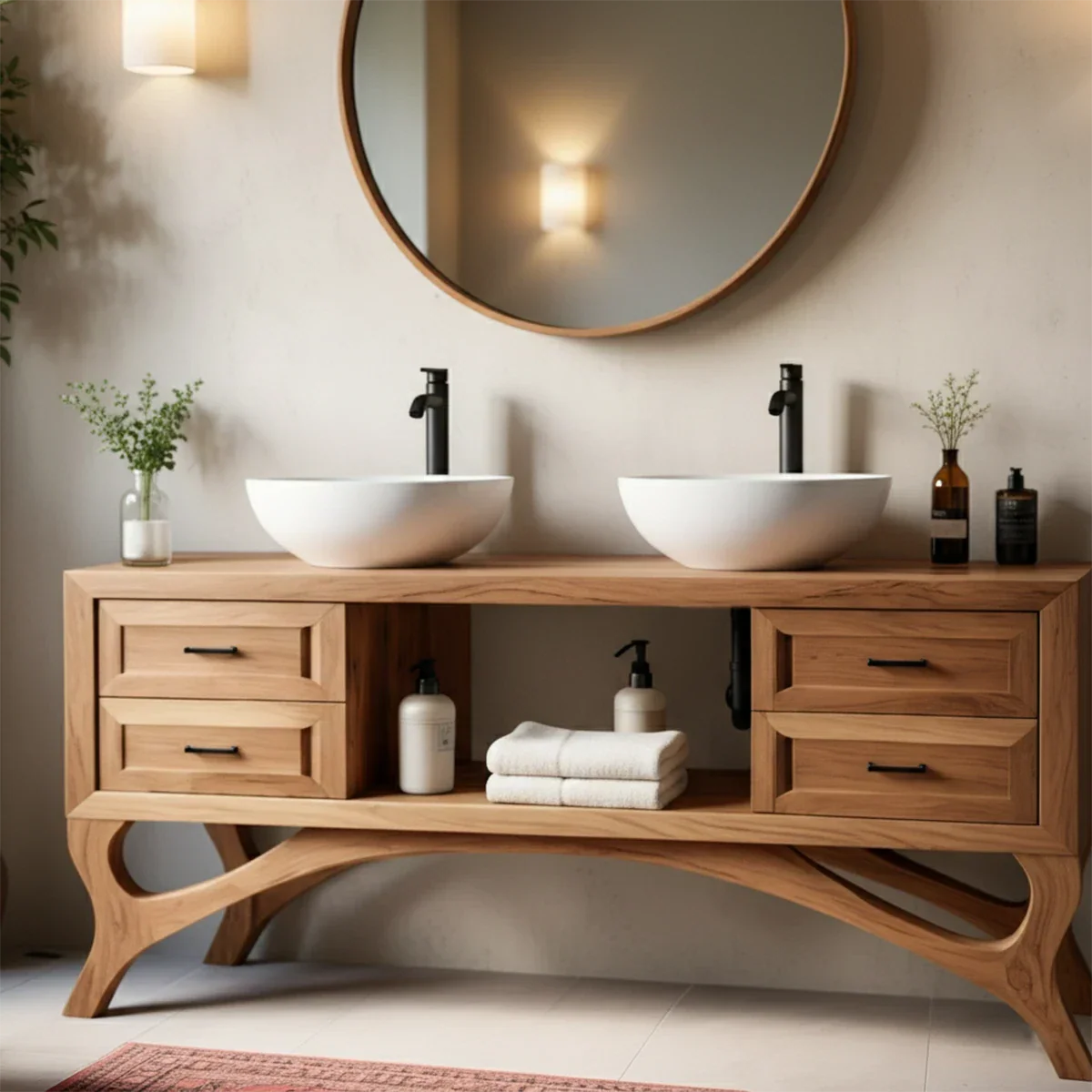 Curved Leg Double Sink Bathroom Vanity Natural Solid Wood Modern - ArborisWood - 3