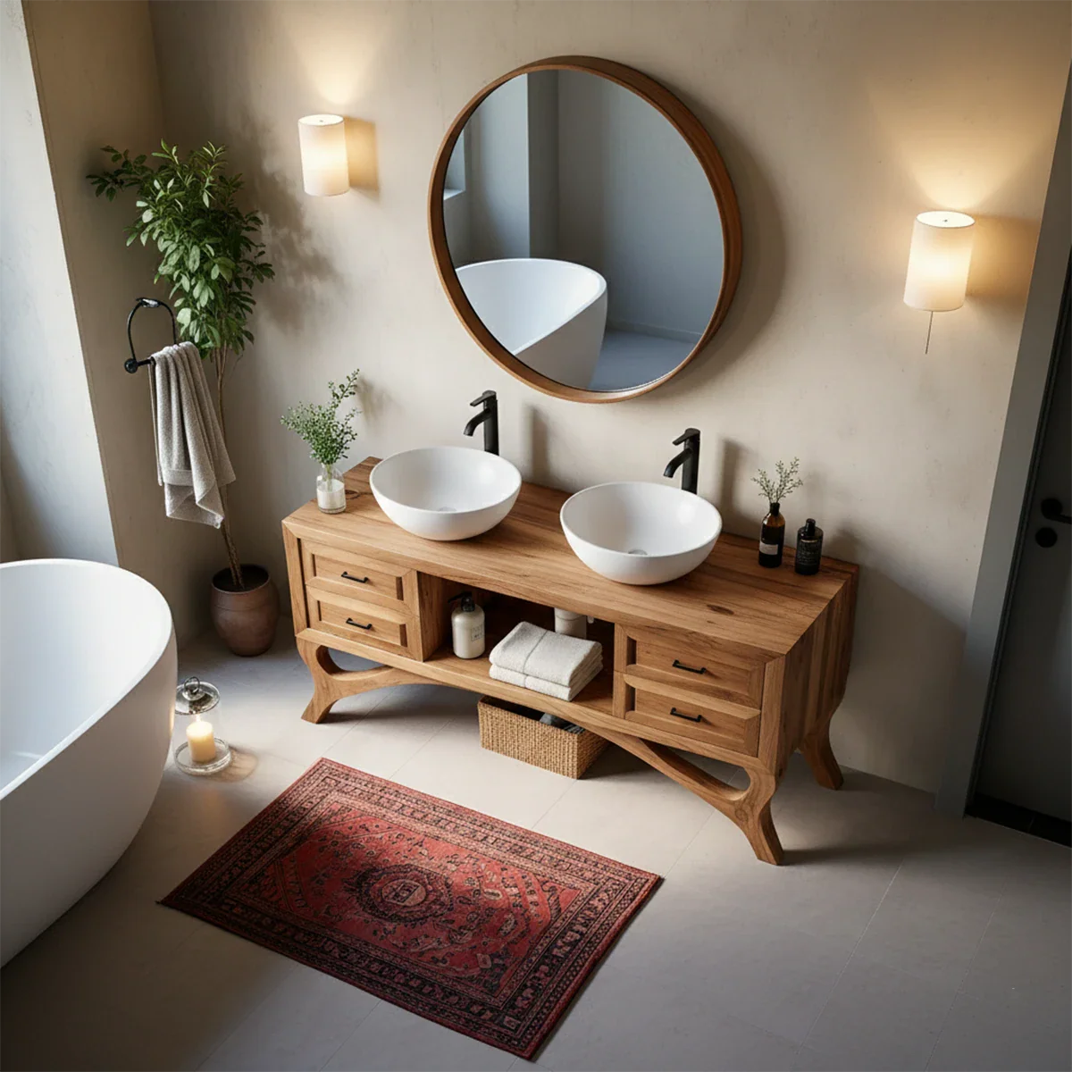 Curved Leg Double Sink Bathroom Vanity Natural Solid Wood Modern - ArborisWood - 5