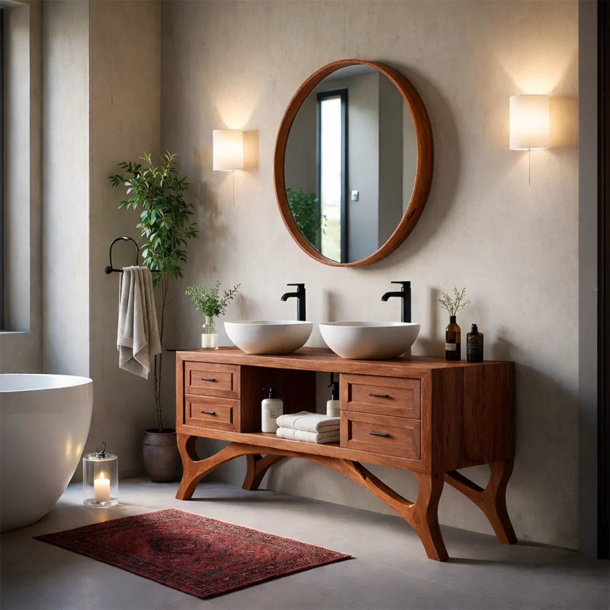 Curved Leg Double Sink Bathroom Vanity Natural Solid Wood Modern - ArborisWood - 7