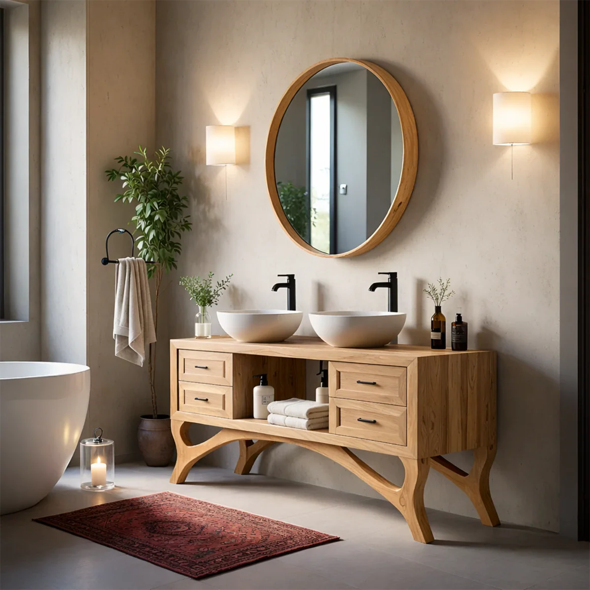 Curved Leg Double Sink Bathroom Vanity Natural Solid Wood Modern - ArborisWood - 8