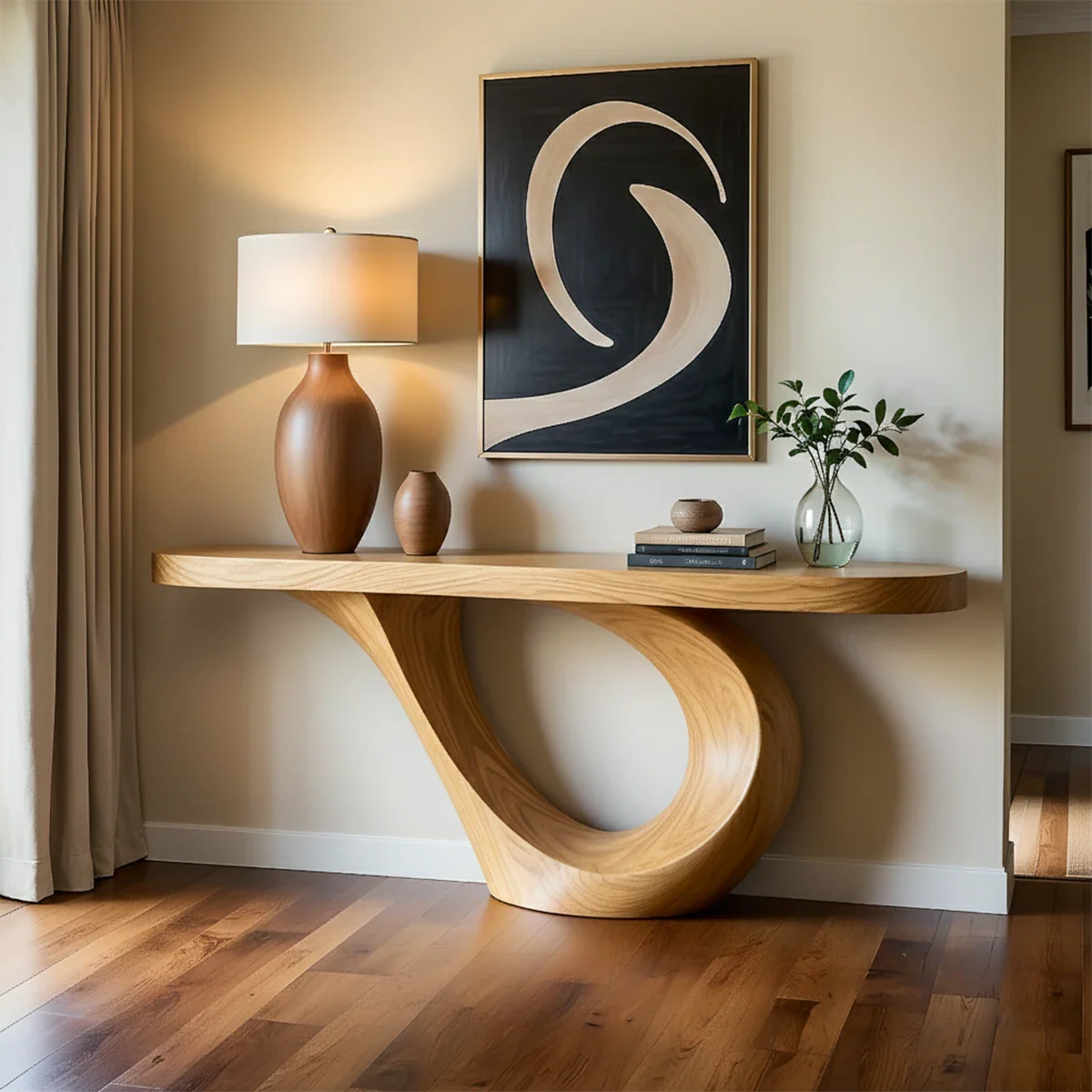 Curved Loop Console Table in Natural Solid Wood for Modern Entryway - ArborisWood - 7