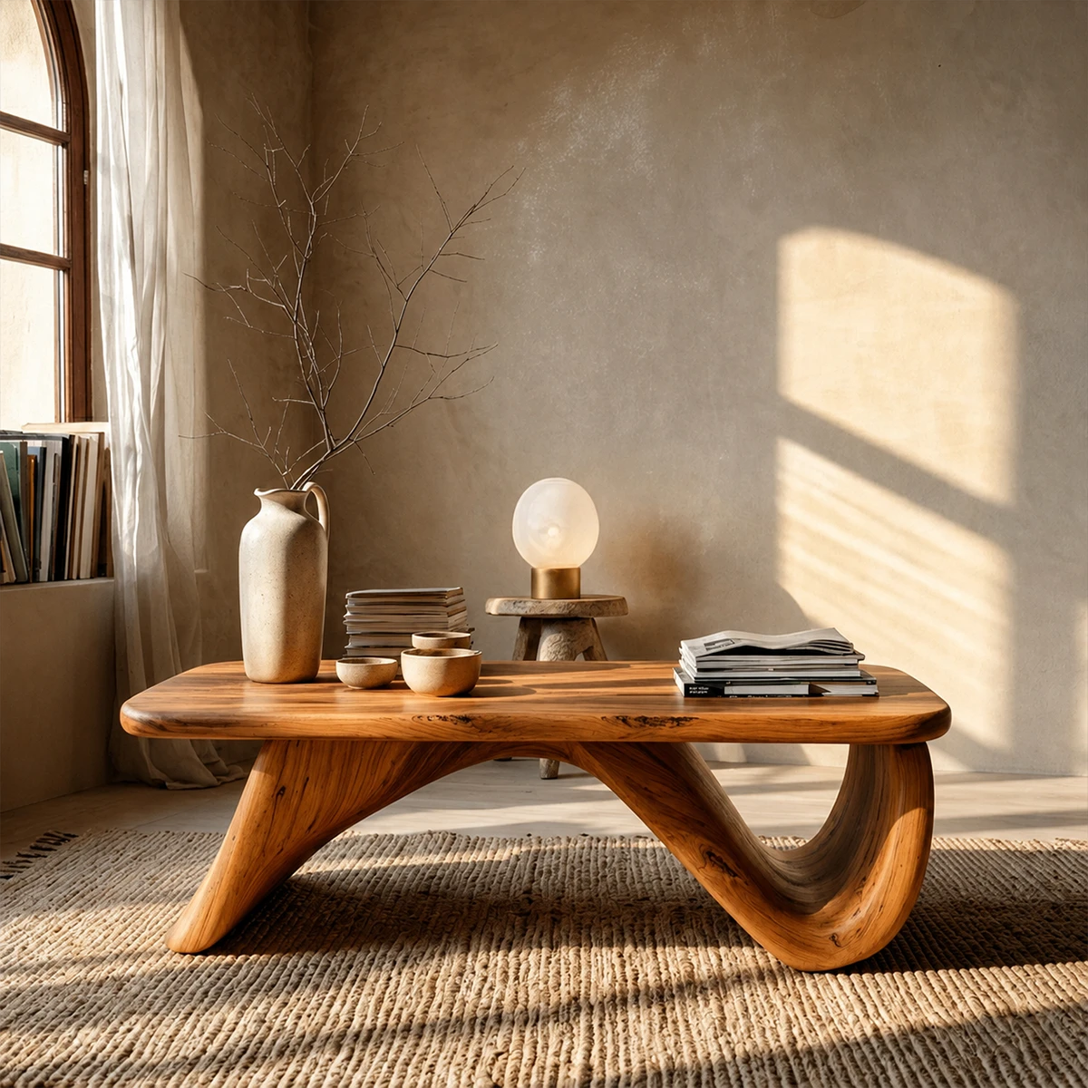 Curved Low Coffee Table in Natural Wood – Sculptural Center Table for Modern Interiors - ArborisWood - 12