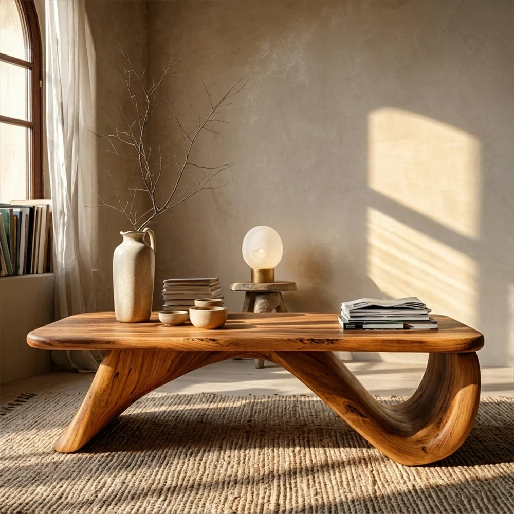 Curved Low Coffee Table in Natural Wood – Sculptural Center Table for Modern Interiors - ArborisWood - 3