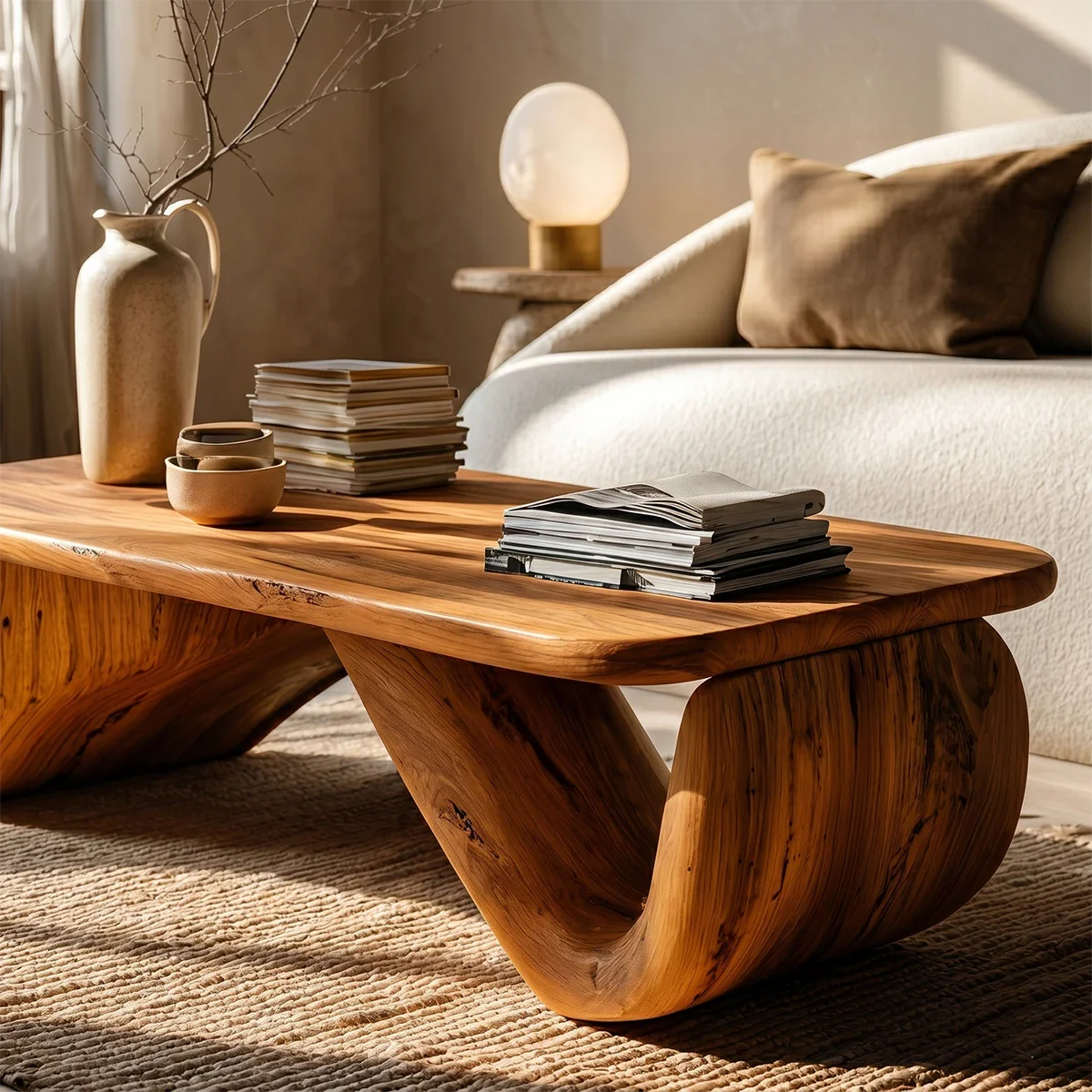 Curved Low Coffee Table in Natural Wood – Sculptural Center Table for Modern Interiors - ArborisWood - 4